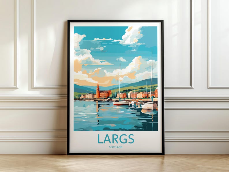 May include: A colorful illustration of a seaside town with sailboats in the harbor. The text "LARGS SCOTLAND" is at the bottom of the image.