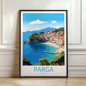Stampa di viaggio Parga, arte murale delle vacanze greche, poster di viaggio in Grecia, paesaggio della costa greca, stampa di viaggio retrò Parga, muro della memoria, muro di viaggio