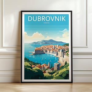 May include: A vintage travel poster featuring a scenic view of Dubrovnik, Croatia. The poster has a blue sky with white clouds, a turquoise sea, and a cityscape with red-tiled roofs. The text "DUBROVNIK" is printed in white at the top of the poster.