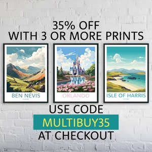 May include: Three colorful travel posters with a 35% off discount for buying three or more prints. The posters feature Ben Nevis, Orlando, and Isle of Harris. Use code MULTIBUY35 at checkout.