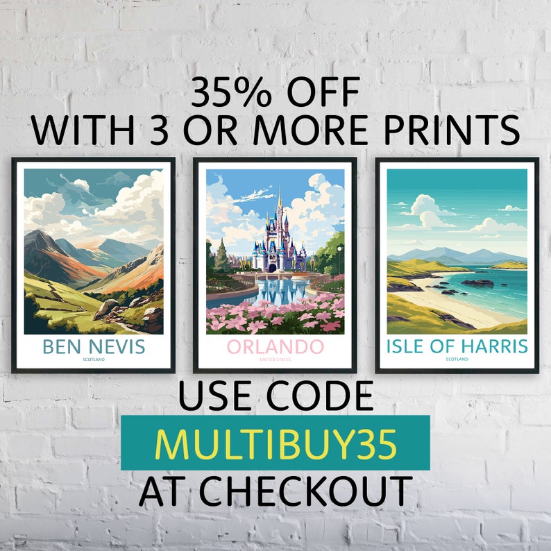 May include: Three colorful travel posters with a 35% off discount for buying three or more prints. The posters feature Ben Nevis, Orlando, and Isle of Harris. Use code MULTIBUY35 at checkout.