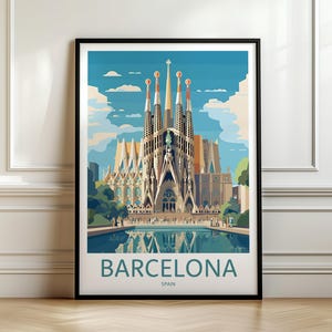 Barcelona reisafdruk, Sagrada Familia kunst, Barcelona reisposter, Sagrada Familia kunst aan de muur, retro reisafdruk, geheugenmuur, reismuur