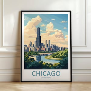 Chicago Illinois Travel Print, Chicago Wall Art, Illinois Travel Poster, Chicago Cityscape, Retro Travel Print, Memory Wall, City Of Chicago