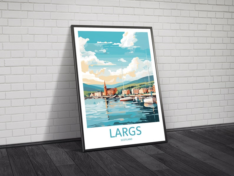 May include: A framed illustration of a coastal town with a harbor filled with boats. The sky is blue with white clouds and the town is surrounded by green hills. The text "LARGS SCOTLAND" is printed at the bottom of the illustration.