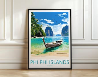 May include: A vintage travel poster featuring a longtail boat on a turquoise bay with two limestone cliffs in the background. The poster has the text "PHI PHI ISLANDS THAILAND" at the bottom.