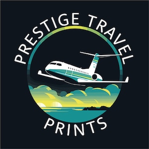 May include: A white airplane flying over a sunset scene with clouds. The airplane is in a circle with the text "Prestige Travel Prints" around it.