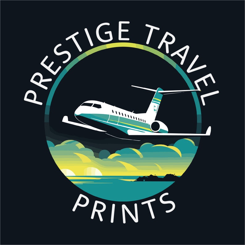 May include: A white airplane flying over a sunset scene with clouds. The airplane is in a circle with the text "Prestige Travel Prints" around it.