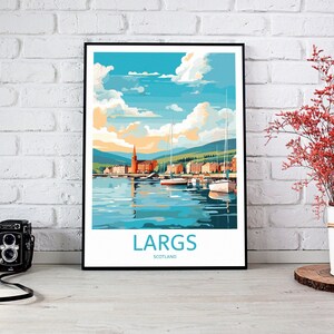 May include: A colorful illustration of the town of Largs, Scotland, with a view of the harbor and sailboats. The illustration is in a retro style, with a bright blue sky and white clouds. The text "LARGS" and "SCOTLAND" is printed below the image.