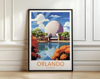 Impresión de viaje de Orlando, Arte mural de Orlando, Póster de viaje a parques temáticos de Orlando, Atracción de Orlando, Impresión de viaje retro, Muro de recuerdos, Muro de viajes