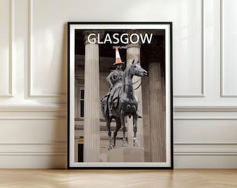 Glasgow Travel Print: Plakat z posągiem księcia Wellingtona i pachołkiem drogowym