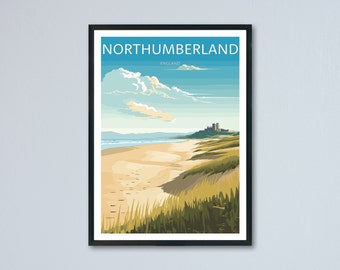 Northumberland Coast Travel Poster, English Landscape Art, Wall Art, Northumberland Home Decor, Coastal Illustration, Memory Travel Wall