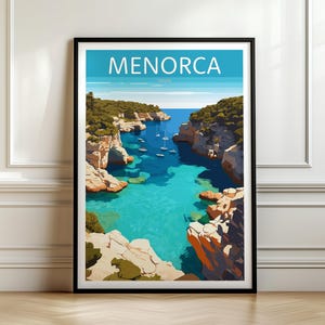 Impresión de viaje a Menorca, póster de viaje al Mediterráneo, decoración de las Islas Baleares, arte mural mediterráneo, destino de vacaciones, pared de viaje, recuerdo