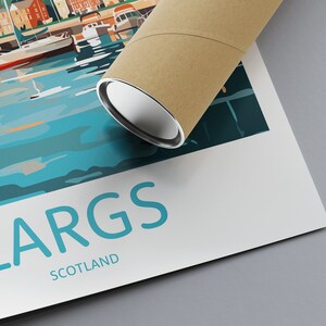 May include: A colorful illustration of a harbor scene with boats and buildings. The text "LARGS SCOTLAND" is printed below the image.