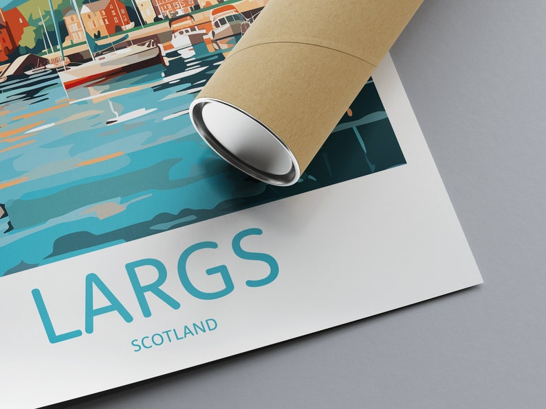 May include: A colorful illustration of a harbor scene with boats and buildings. The text "LARGS SCOTLAND" is printed below the image.