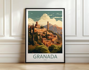 Póster de viaje del Palacio de la Alhambra, Arte mural de Granada, España, Lámina arquitectónica de estilo vintage, Decoración de monumentos de Andalucía, Obra de arte española