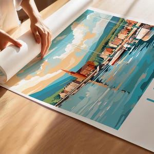 May include: A colorful illustration of the town of Largs, Scotland, with a view of the harbor and boats. The illustration is in a vintage travel poster style with a blue, green, and orange color scheme.