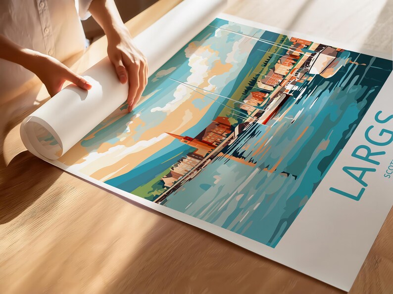 May include: A colorful illustration of the town of Largs, Scotland, with a view of the harbor and boats. The illustration is in a vintage travel poster style with a blue, green, and orange color scheme.