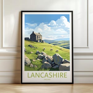 Poster di viaggio del Lancashire, stampa di paesaggio, arte murale inglese, arredamento per la casa, illustrazione, campagna del Lancashire, parete di viaggio, soggiorno