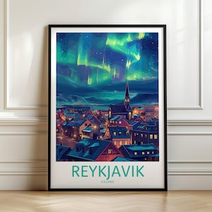 Stampa di viaggio di Reykjavik - Islanda, poster di Reykjavik, poster dell'Islanda, arte murale di viaggio, arredamento per la casa dell'Islanda, illustrazione dell'aurora boreale