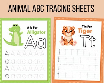 ANIMAL ALPHABET TRACING Cards | Printable 26 Uppercase and Lowercase | Preschool ABc Color Letter Size Pages