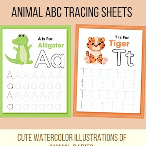 Tarjetas de RASTREO DEL ALFABETO ANIMAL / Imprimible 26 Páginas en mayúsculas y minúsculas / Preescolar ABc Color Tamaño Carta