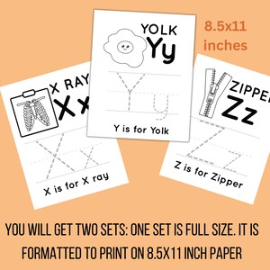 May include: Black and white printable alphabet tracing worksheets for kids. Each page features a letter of the alphabet, a picture, and the word for the picture. The letters are 8.5 inches by 11 inches.