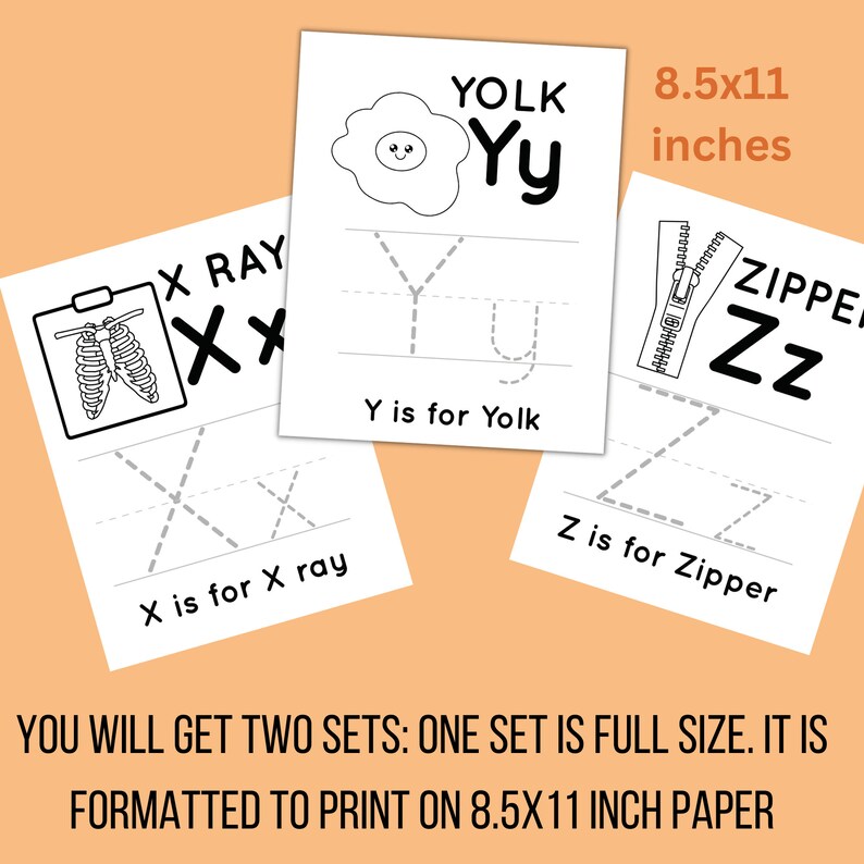 May include: Black and white printable alphabet tracing worksheets for kids. Each page features a letter of the alphabet, a picture, and the word for the picture. The letters are 8.5 inches by 11 inches.