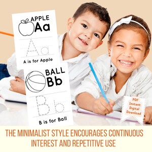 May include: Two children, a boy and a girl, are sitting at a table and working on a worksheet. The worksheet is a printable alphabet tracing activity with the letters A and B. The letters are paired with pictures of an apple and a basketball. The text "A is for Apple" and "B is for Ball" is printed below the letters. The worksheet is labeled "PDF Instant Digital Download".