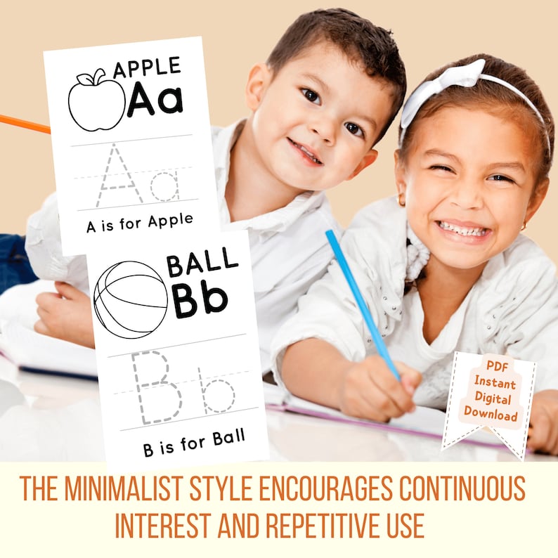 May include: Two children, a boy and a girl, are sitting at a table and working on a worksheet. The worksheet is a printable alphabet tracing activity with the letters A and B. The letters are paired with pictures of an apple and a basketball. The text "A is for Apple" and "B is for Ball" is printed below the letters. The worksheet is labeled "PDF Instant Digital Download".