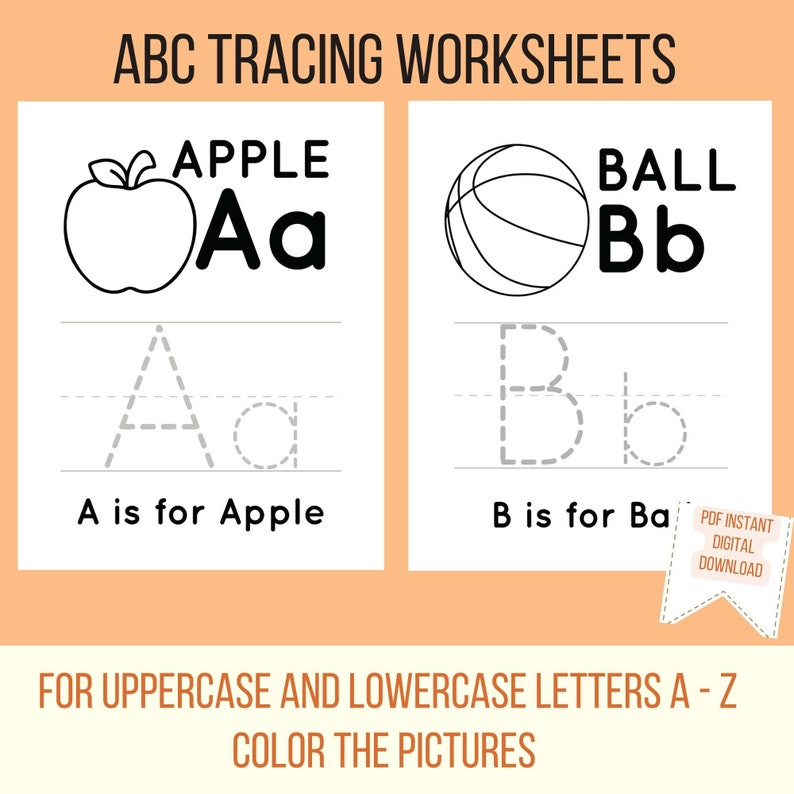 May include: Black and white printable worksheet for tracing the uppercase and lowercase letters A and B. The worksheet includes an apple and a basketball to color.