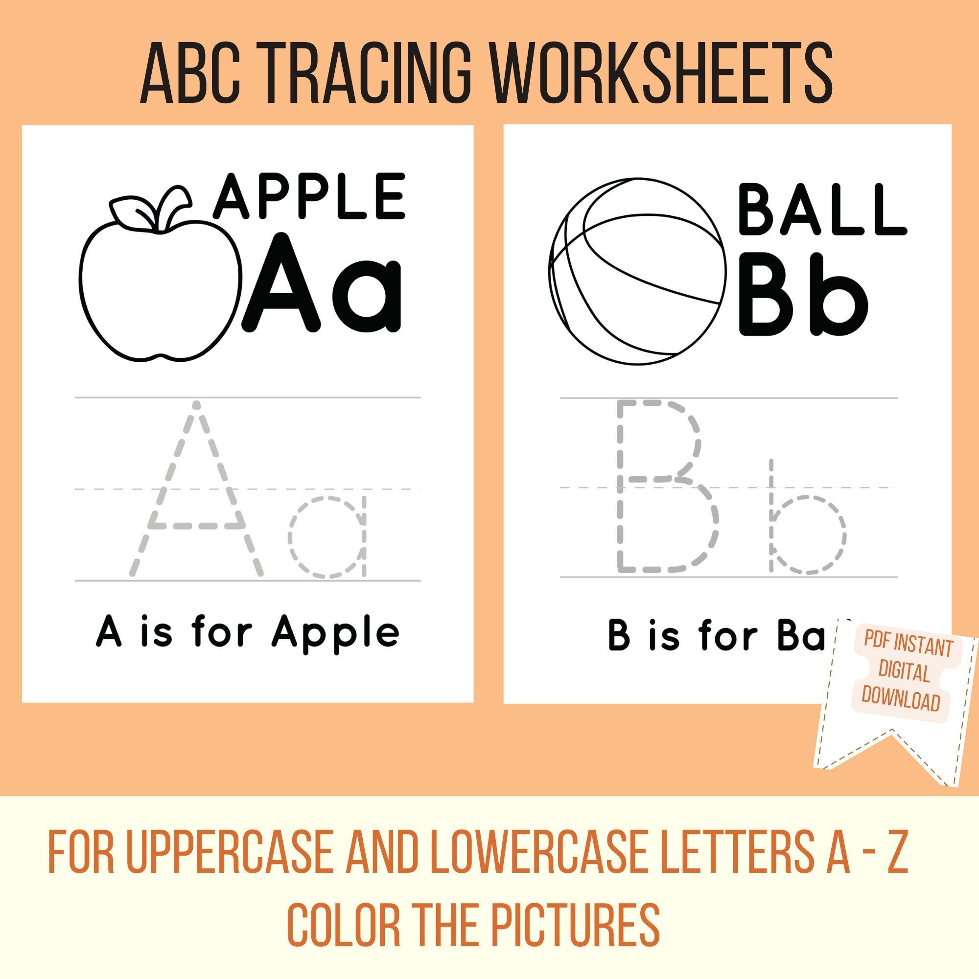 Printable ABC TRACING WORKSHEETS | Pre-School Toddler Worksheets | Uppercase + Lowercase | Letter Size Pages + Half-size Flashcards to Clip