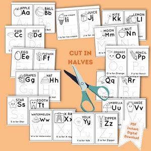 May include: A set of printable alphabet flashcards for kids. Each card features a black and white illustration of an object that starts with the letter, along with the letter itself and a sentence that says what the letter stands for. The cards are designed to be cut in half, making them ideal for learning and practicing letter recognition.