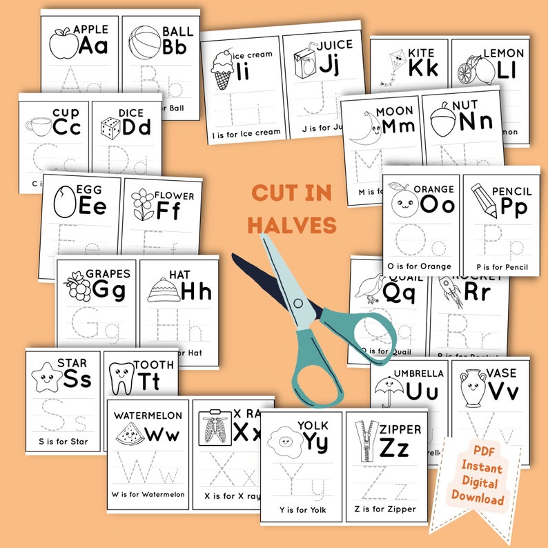 May include: A set of printable alphabet flashcards for kids. Each card features a black and white illustration of an object that starts with the letter, along with the letter itself and a sentence that says what the letter stands for. The cards are designed to be cut in half, making them ideal for learning and practicing letter recognition.