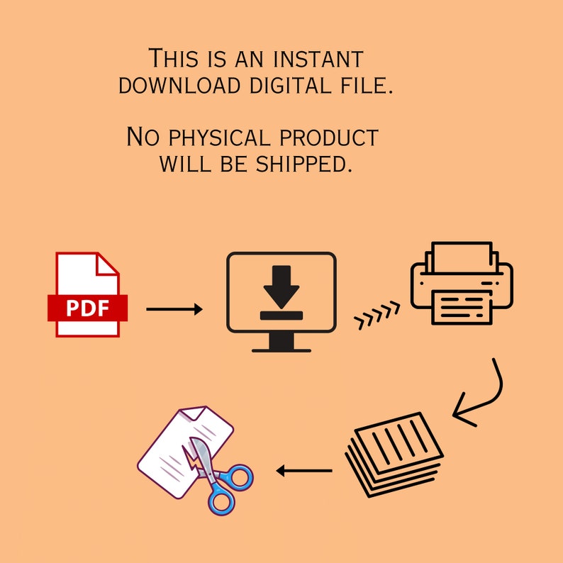 May include: A diagram showing how to download a digital file. A PDF file is downloaded to a computer and then printed. The printed pages are cut apart and then stacked together.