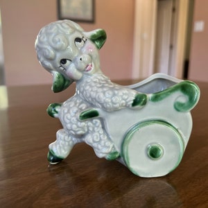 Vintage Lamb Pushing Cart Planter MCM