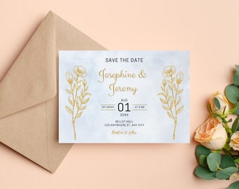 Editable Wedding SAVE THE DATE Template Download Simple Elegant Gold Save the Date Card Printable Save our date invitation Canva Free