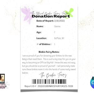 Letter from Pacifier/Binkie Fairy | Binky/Binkie Personalized Note | Template | Personalized  | Fairy Donation Report