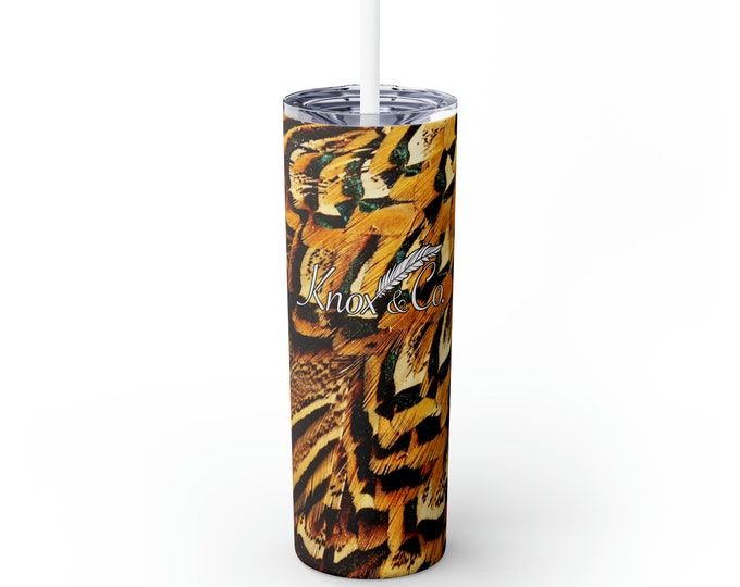 Black and Gold Pheasant Skinny Tumbler with Straw, 20oz | Elegant Stainless Steel Drinkware | Knox&Co.