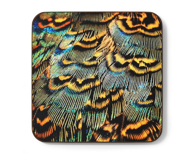 Blue and Gold Pheasant Hardboard Back Coaster