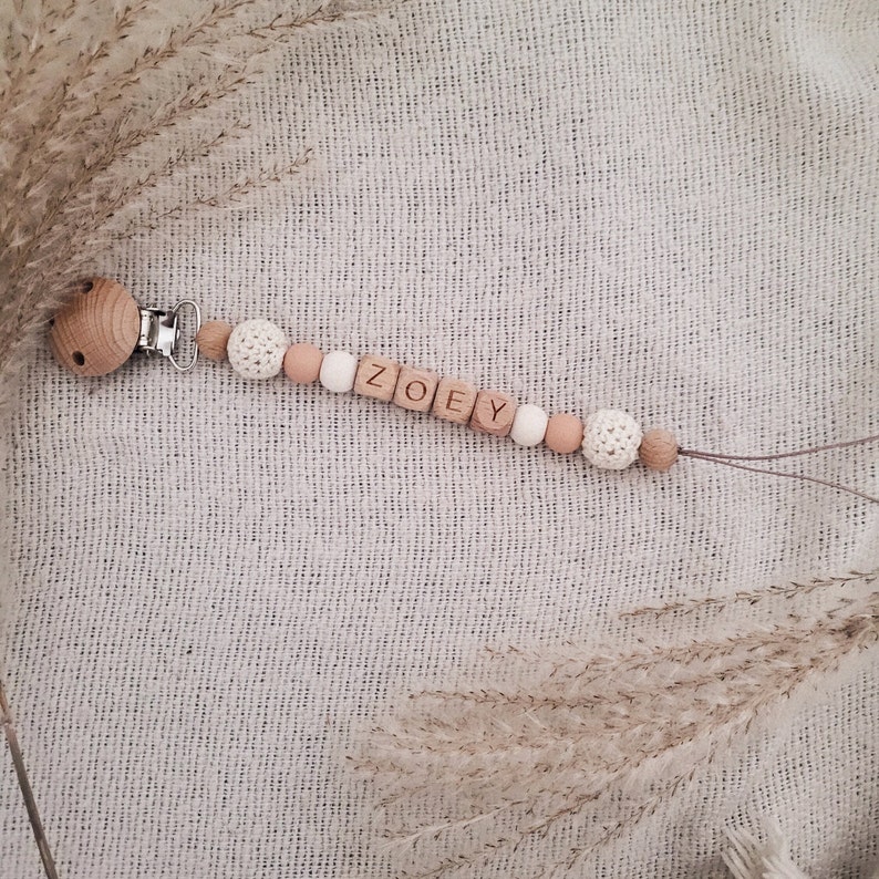 Crochet Personalized Soother Clip/Pacifier Clip. Perfect Baby Shower Gift. Peach