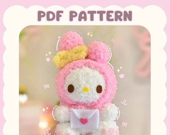Crochet Pattern (DIGITAL PDF) Pink Hooded Bunny with Love Letter Amigurumi Cute Kawaii Plushie