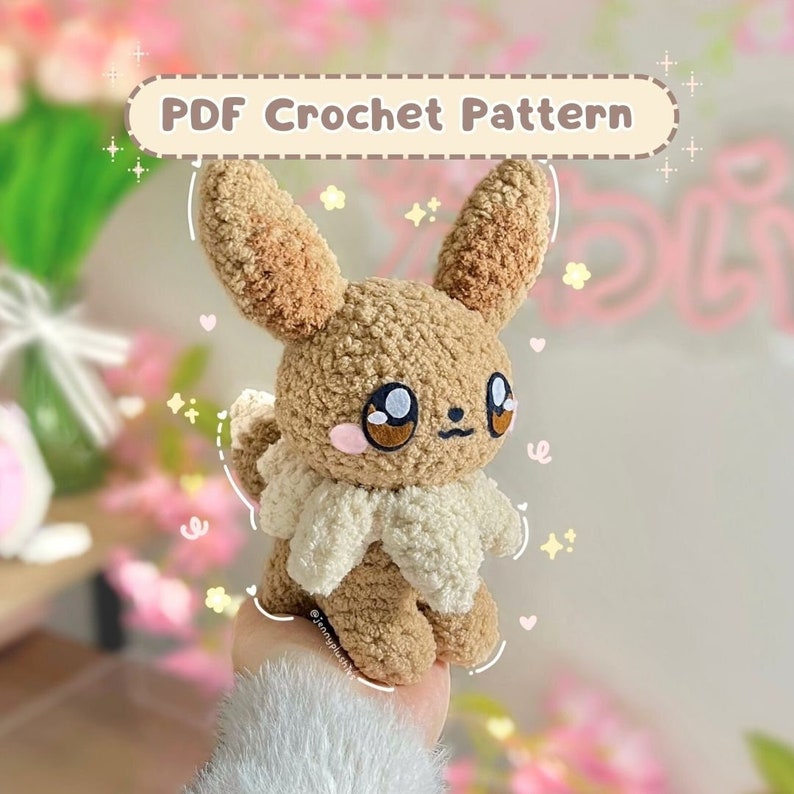 Eevee crochet pattern to make an amigurumi plush of the popular normal type pokemon from the nintendo franchise.