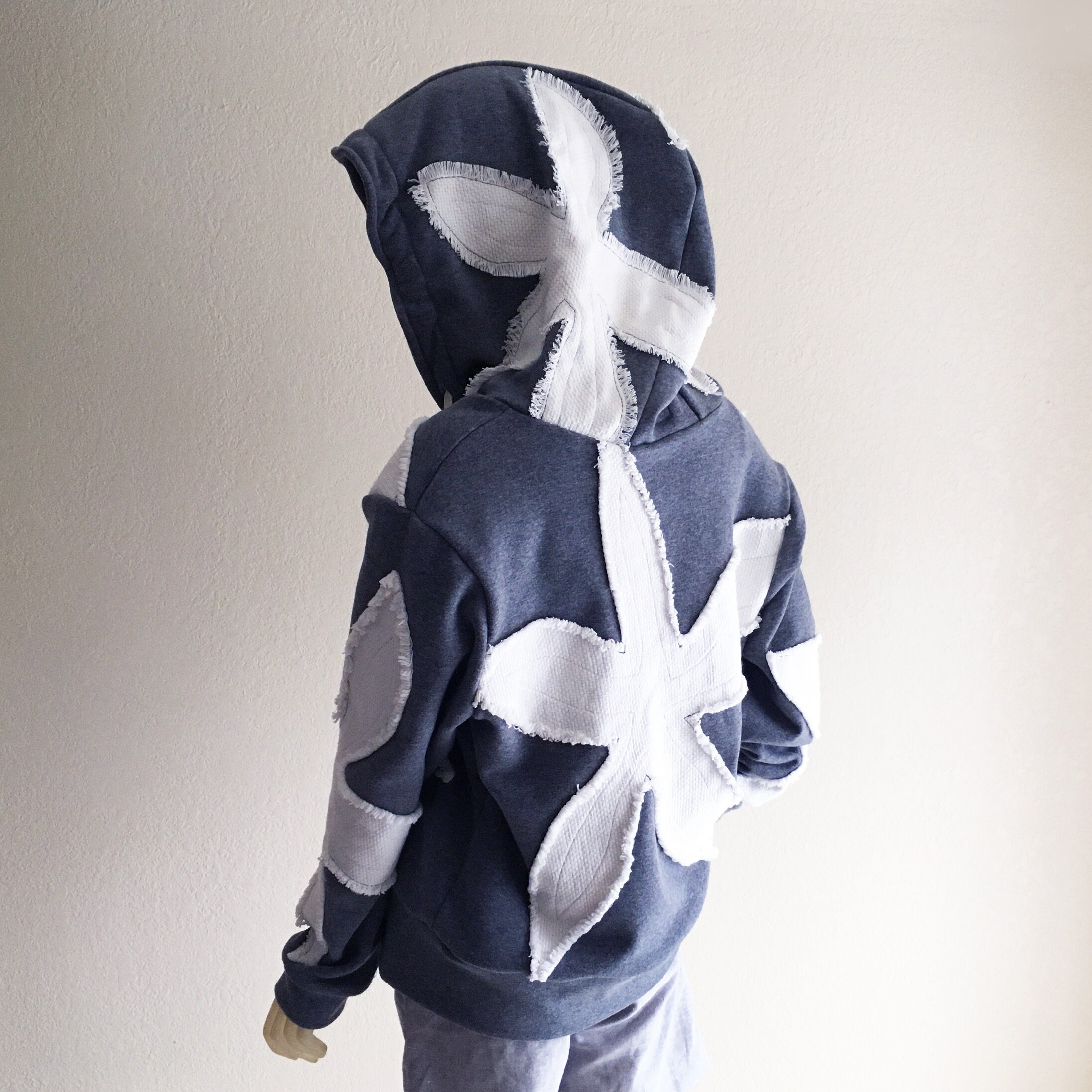 Floral Appliqué Hoodie: Charcoal Gray Cotton Blend, Oversized Hood 