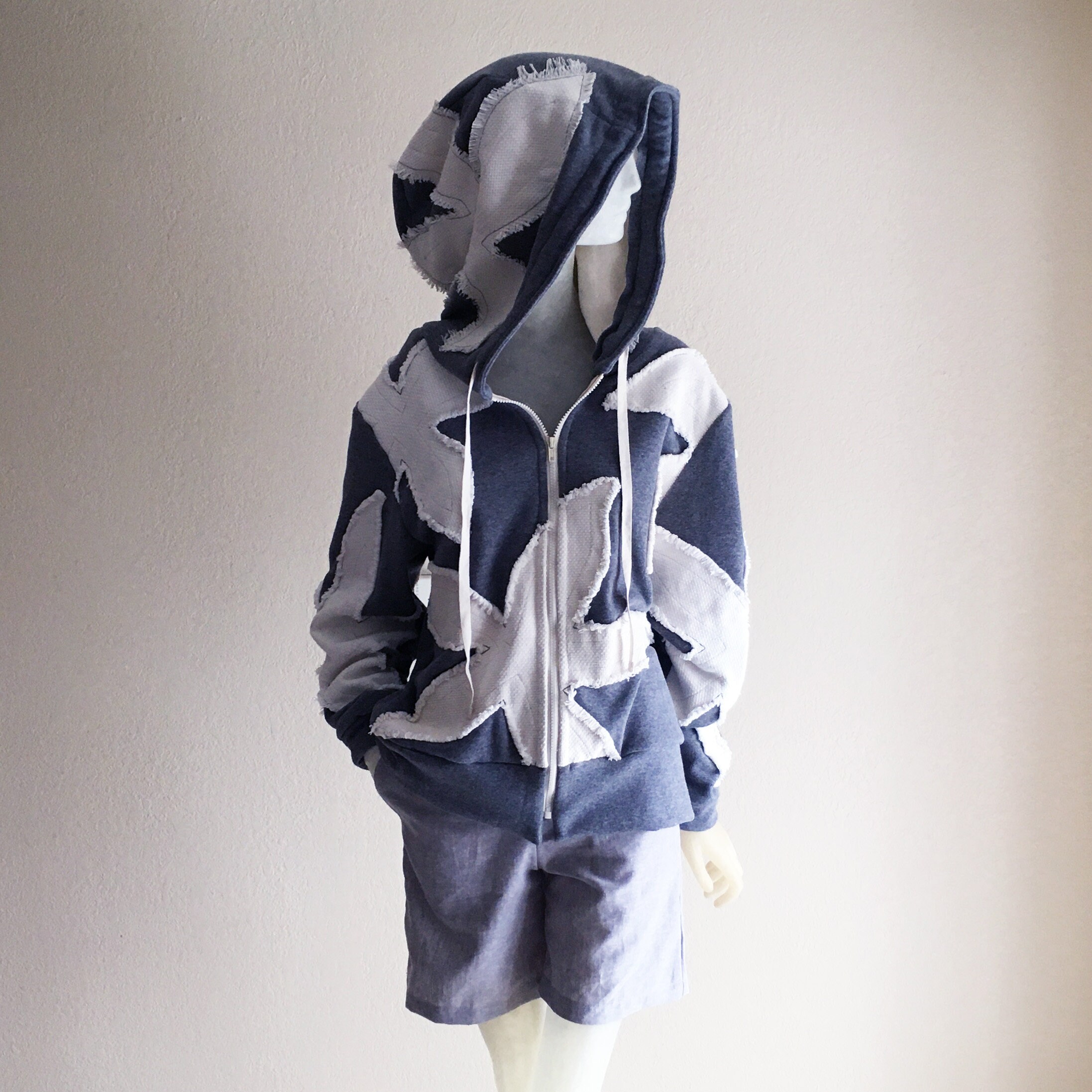 Floral Appliqué Hoodie: Charcoal Gray Cotton Blend, Oversized Hood 