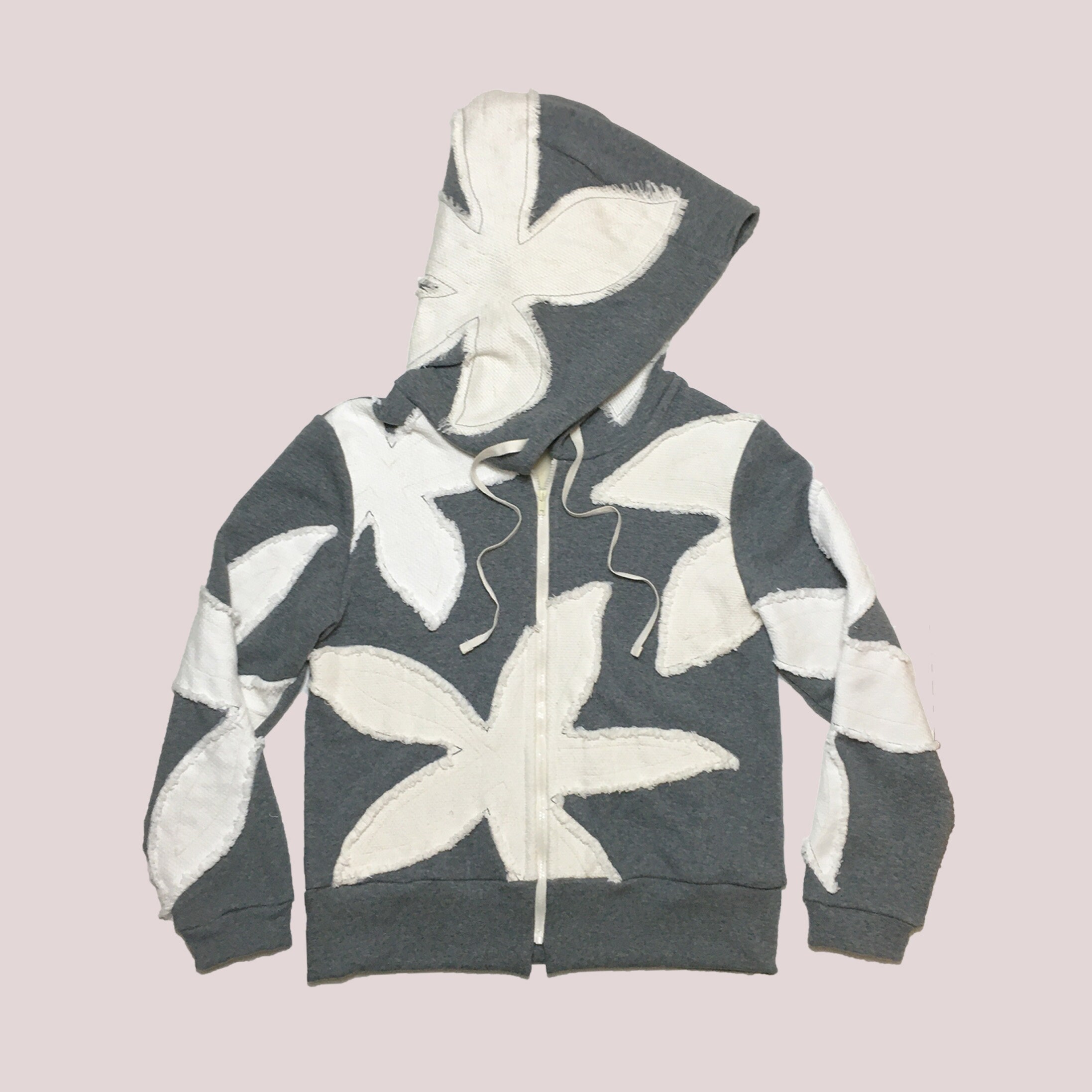 Floral Appliqué Hoodie: Charcoal Gray Cotton Blend, Oversized Hood 