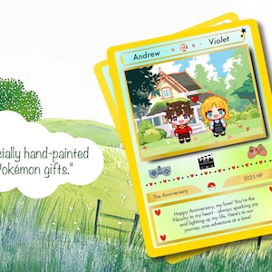 Carte personalizzate per l'anniversario dei Pokemon, carte a tema Pokemon disegnate a mano, regali per l'anniversario, biglietti per l'anniversario, biglietti di nozze, regali per coppie di giocatori