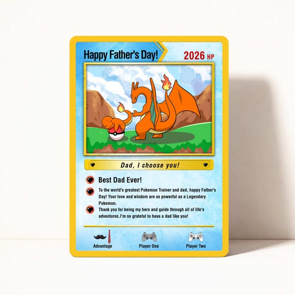 Hand-Painted Father's Day Card Inspired by Pokemon, Father's Day Gifts, Custom Pokemon Greeting Card for dad, Card for Pokemon Fan Dads