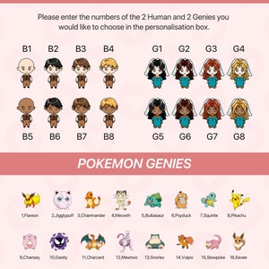 May include: A printable chart with illustrations of human and Pokemon characters. The chart is divided into two sections, "Human Genies" and "Pokemon Genies". Each section has eight illustrations of characters with numbers below each illustration. The text "Please enter the numbers of the 2 Human and 2 Genies you would like to choose in the personalisation box." is at the top of the chart. The text "The above genies are hand-drawn by me." is at the bottom of the chart.