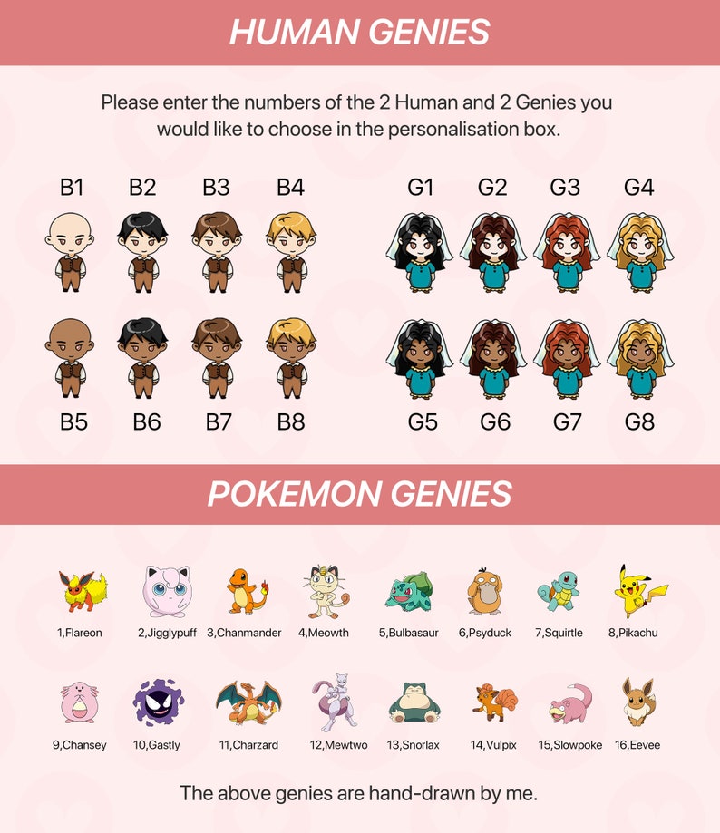 May include: A printable chart with illustrations of human and Pokemon characters. The chart is divided into two sections, "Human Genies" and "Pokemon Genies". Each section has eight illustrations of characters with numbers below each illustration. The text "Please enter the numbers of the 2 Human and 2 Genies you would like to choose in the personalisation box." is at the top of the chart. The text "The above genies are hand-drawn by me." is at the bottom of the chart.