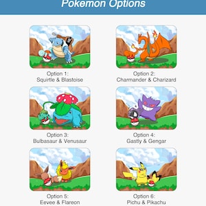 May include: An image titled "Pokemon Options" displays six cartoon illustrations of Pokemon characters. Each image features two Pokemon, with their names listed below. The background shows a green field, brown hills, and a blue sky.